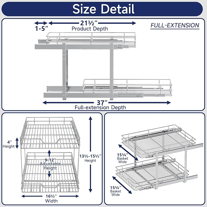 2-Tier Pull Out Cabinet Organizer, 16.5" W x 21.5" D, Heavy Duty Dual Slide Out Shelves for Base Cabinets, Chrome Wire Basket Drawer for Pantry, Kitchen & Bathroom Storage