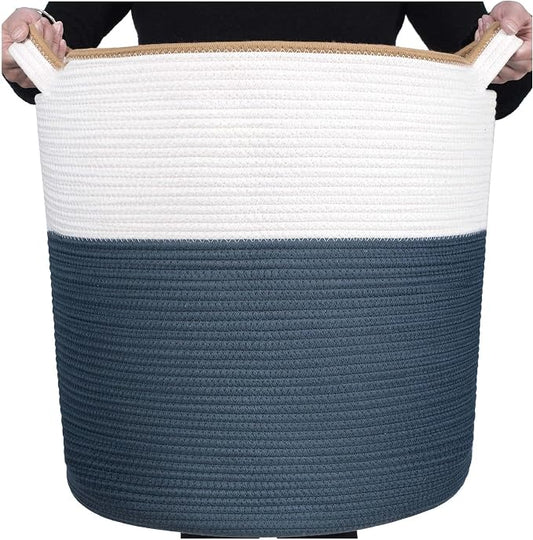 MINTWOOD Design 83L Extra Large 20x18 Inches Decorative Woven Cotton Rope Basket, Tall Laundry Basket Hamper, Blanket Basket for Living Room, Round Storage Baskets for Pillows, Towels, Prussian Blue