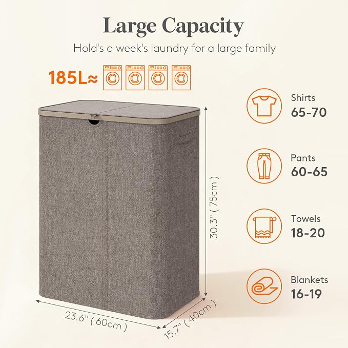 Lifewit 185L 3 Section Laundry Hamper with Lid, Large Laundry Basket with Handles and Removable Bags, Tall Clothes Hamper, Foldable Laundry Sorter for Bedroom Bathroom, Brown