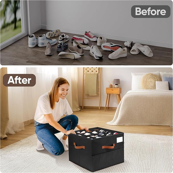 Shoe Organizer for Closet, 1 Pack Shoe Storage Container with Adjustable Dividers, Space Saving Shoe Box Storage Organizer Bin with Clear Lid and 4 Handles, Fits 8-16 Pairs, Pure Black