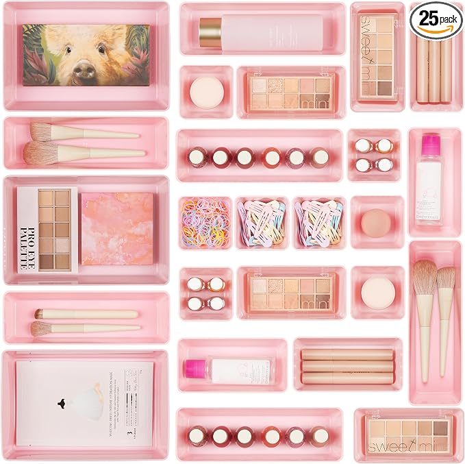Vtopmart 25 PCS Plastic Drawer Organizers Set, 4-Size Versatile Bathroom and Vanity Drawer Organizer Trays, Storage Bins for Makeup, Bedroom, Kitchen Gadgets Utensils and Office | Plastic storage bins for organizing bathroom, bedroom, kitchen and offic...