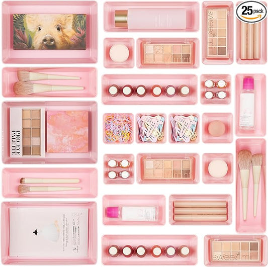 Vtopmart 25 PCS Plastic Drawer Organizers Set, 4-Size Versatile Bathroom and Vanity Drawer Organizer Trays, Storage Bins for Makeup, Bedroom, Kitchen Gadgets Utensils and Office | Plastic storage bins for organizing bathroom, bedroom, kitchen and offic...