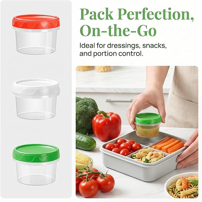 EONJOE 2oz Airtight Small Plastic Food Storage Containers with Lids, 12pcs | Dishwasher safe ,BPA free,Reusable,Round jars ,Perfect for salad dressing sauce condiments lunch to go