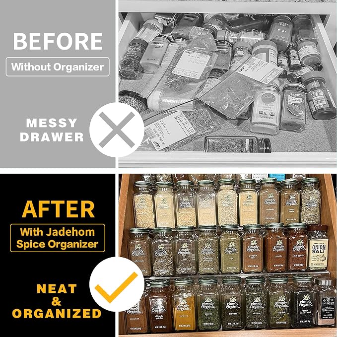 Jadehom 19 x 13 Inches Spice Drawer Organizer, 4 Tier Clear Acrylic Expandable In-Drawer Seasoning Jars Rack, Kitchen Drawer Spice Insert Tray for Cabinet/Countertop