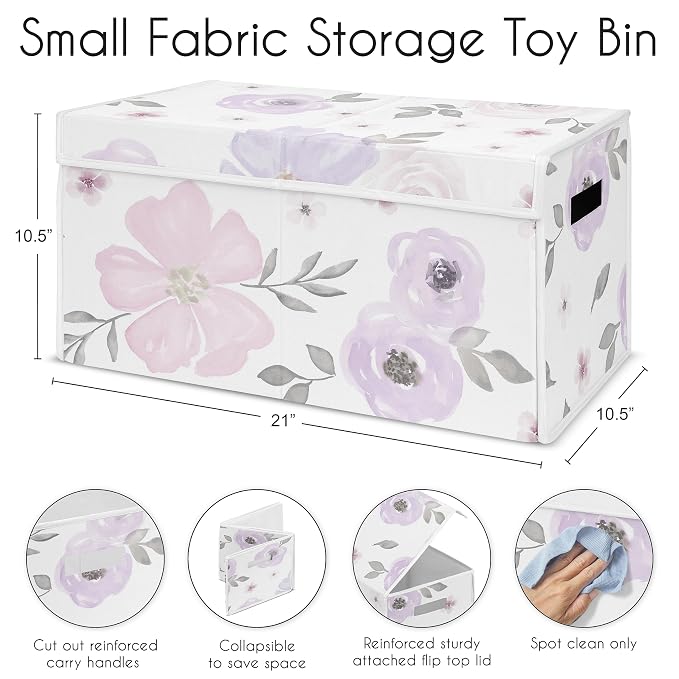 Sweet Jojo Designs Purple Watercolor Floral Girl Small Fabric Toy Bin Storage Box Chest For Baby Nursery or Kids Room - Lavender, Pink and Grey Shabby Chic Rose Flower