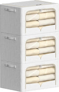 FHSQX 3 Pack Clothes Storage Bins Foldable Metal Frame Storage Box Stackable Linen Fabric Container Organizer Set with Carrying Handles and Clear Window (Cream White, 15.7x11.8x7.8inch(22L))