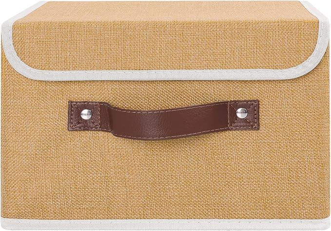 ANMINY Storage Bin with Lid Storage Boxes with PU Leather Handles PP Plastic Board Decorative Foldable Lidded Cotton Linen Fabric Home Cubes Baskets Closet Organizer Container - Khaki, Small Size
