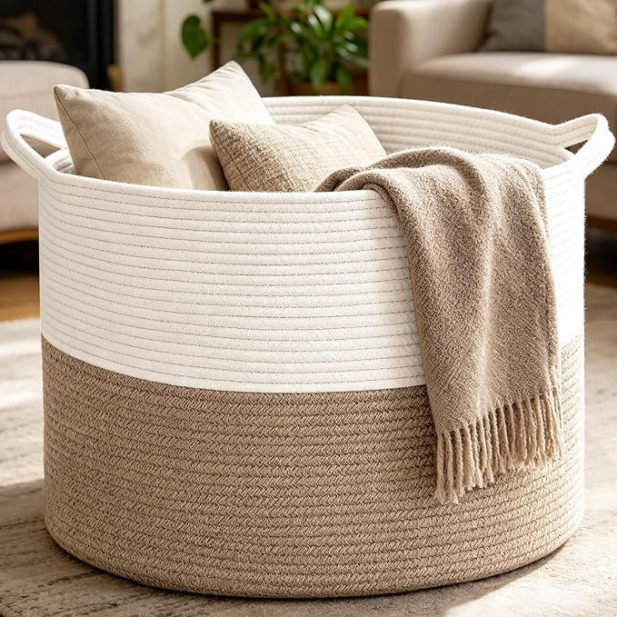 Large Woven Blanket Basket,65L Cotton Rope Laundry Basket Hamper with Handles, Decorative Nursery Basket Storage Bin for Toys, Clothes Organizer, Living Room, Bedroom, Bathroom, White & Brown