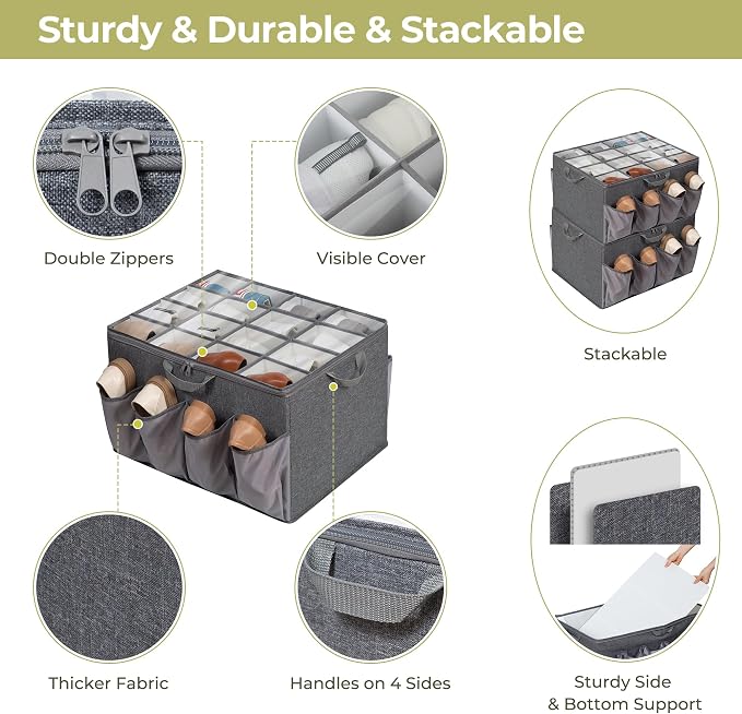 Fabric Shoe Organizer for Closet, Fits up to 24 Pairs, Foldable Shoe Storage Bin Containers with Adjustable Dividers and Clear Cover, Grey, 1 Pack