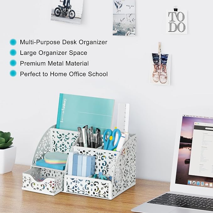 EasyPAG Desk Organizer and Pen Holder for Desk, Mesh Office Supplies Storage Caddy with Drawer for Small Space, Desktop Organizer for Home Office, White