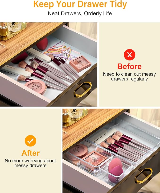 15 PCS Clear Plastic Drawer Organizers and Dividers, 4 Sizes Stackable Drawer Storage Bins and Organizer Trays for Bathroom, Kitchen, Office, Makeup, Vanity, Utensils, and Crafts