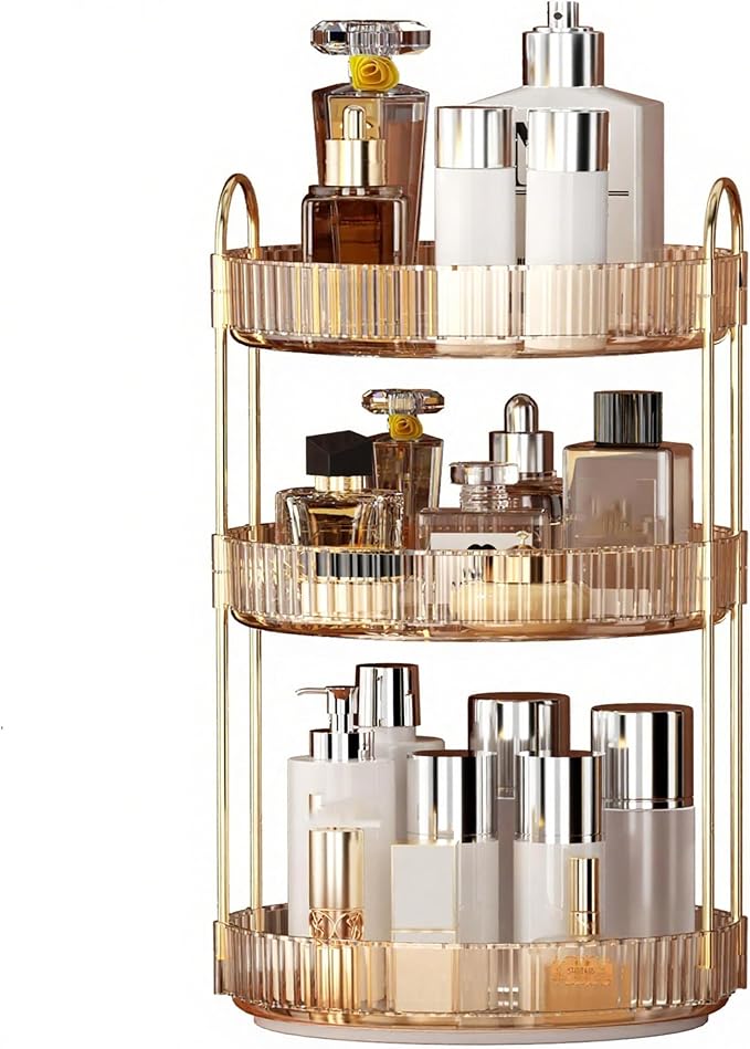 YCIA&DONE 360 Rotating Makeup Organizer and Storage for Vanity Countertop 3 Tiers, High Capacity Cosmetic Skincare Perfume Organizers for Dresser Bathroom Lazy Susan (Amber Gold)