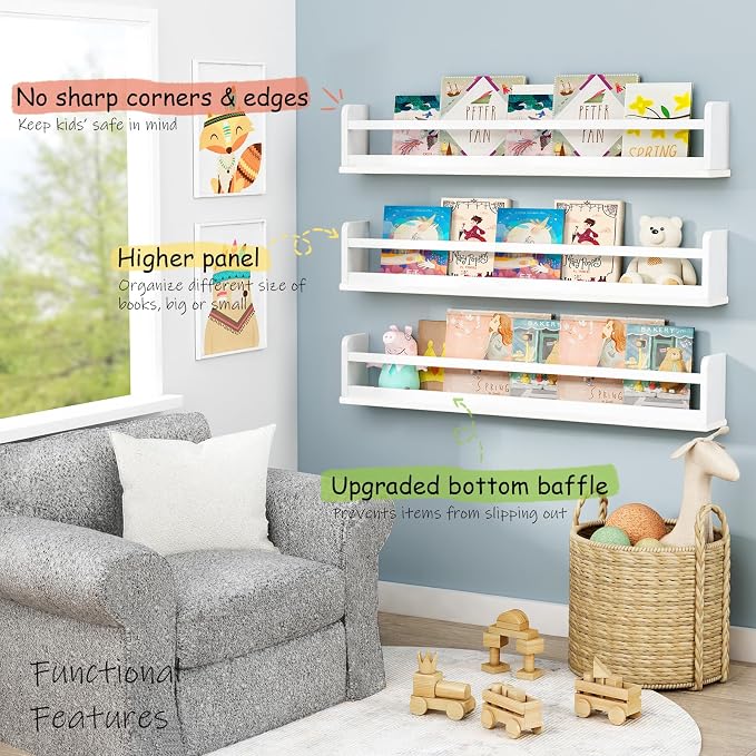 Harwaya White Toddler Wall Bookshelf for Kids Room, 36 Inch Long Floating Nursery Book Shelves for Wall, Wide Hanging Bookshelves for Baby Girl Boy Childrens Kid Bedoom Playroom -Set of 3