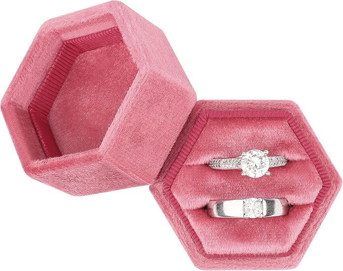 DesignSter Hexagon Velvet Ring Box - Premium Gorgeous Vintage Double Ring Display Holder with Detachable Lid for Proposal, Engagement, Wedding, Ceremony(Hot pink)