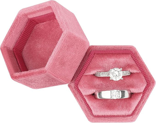 DesignSter Hexagon Velvet Ring Box - Premium Gorgeous Vintage Double Ring Display Holder with Detachable Lid for Proposal, Engagement, Wedding, Ceremony(Hot pink)
