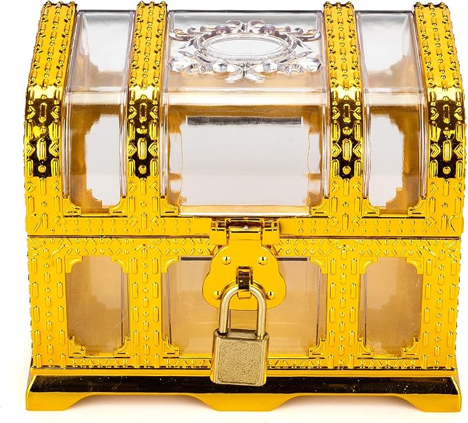 Treasure Chest with Lock and Key,Pirate Theme Party Favors for Kids,Transparent Golden Pirate Chest