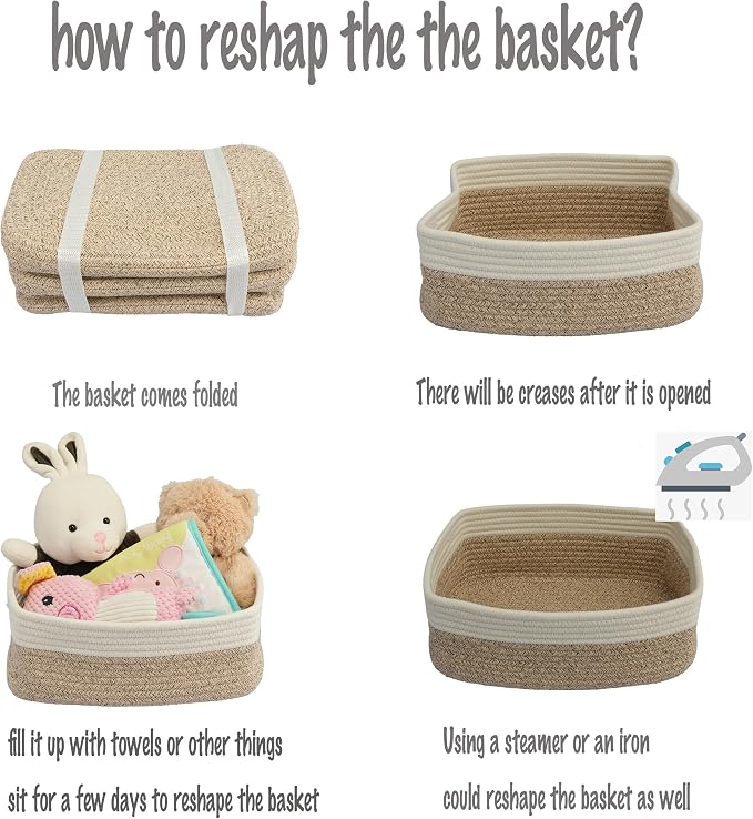 XUANGUO Small Woven Storage Baskets 13“X9”X5“ Decorative Rope Bins for Organizing Shelves, Closets, and Toys, Empty Gift Baskets, Cute Organizer Basket for Home and Office (white and brown, Large)