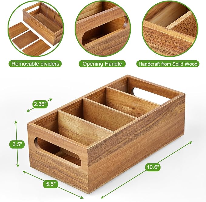 DRASTAR Pantry Organization and Storage Bins, Acacia Wood Seasoning Packet Organizer with Removable Dividers,Storage Caddy for Kitchen, Pantry, Cabinet, Countertop