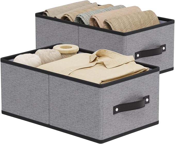 Storage Baskets with Handles,16.1×9.8×6.5In,Gray Boxes,2Pack | Open Storage Bins for Shelves,Foldable Clothing Drawer Organizer,Closet Containers for Home,Office,Large Fabric Cubes
