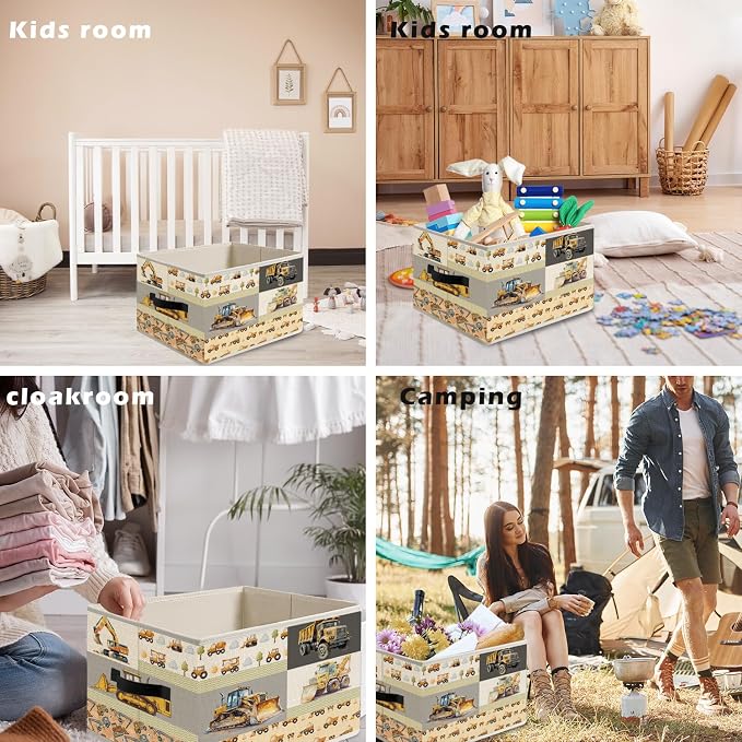 Construction Truck Storage Bin Box with Handles, Excavator Tractor Vehicle Foldable Organizer Basket Toybox for Toddler Boys Kids Nursery Bedroom Playroom Clothes Toys Books