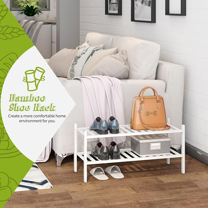BMOSU 2-Tier Bamboo Shoe Rack Premium Stackable Shoe Shelf Storage Organizer for Hallway Closet Living Room Entryway Organizer(White Bamboo)