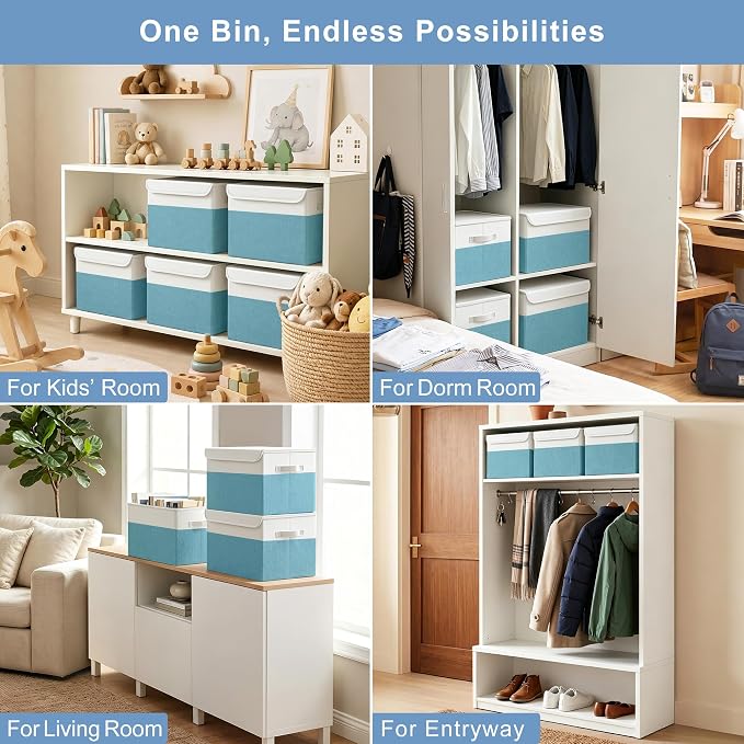Bagnizer Large 22 Quart Linen Fabric Foldable Storage Bin Cube Organizer Basket with Flip-Top Lid & Handles, Clothes Blanket Box for Home, Office, Closet, Teal & White, 4 Pack 14.6 x 9.5 x 9.5