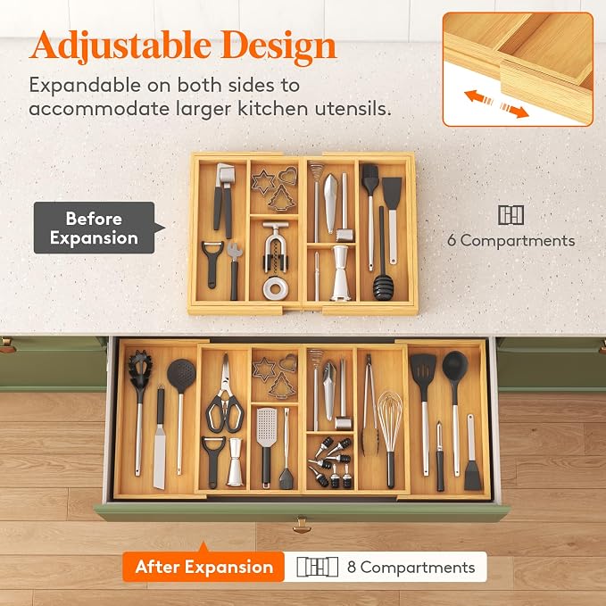Lifewit Expandable Utensil Organizer for Kitchen Drawer, Adjustable Cooking Silverware Tray, Plastic Cutlery Flatware Holder, Spatula Tools Gadgets Storage Divider, 21- 36 x 16, Bamboo, Natural