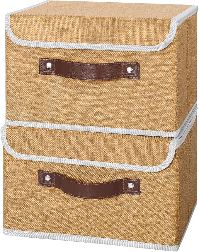 ANMINY 2PCS Storage Bins with Lid PU Leather Handles Storage Boxes PP Plastic Board Decorative Foldable Lidded Cotton Linen Fabric Home Cubes Baskets Closet Organizer Containers - Khaki, Small Size