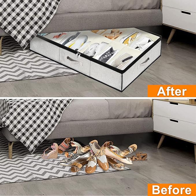 homyfort Shoe Storage Organizer Under Bed, 2 Pack Fits 32 Pairs, Extra Large Shoe Container, Breathable Fabric Underbed Storage for Sneakers, Slippers, Closet, Grey