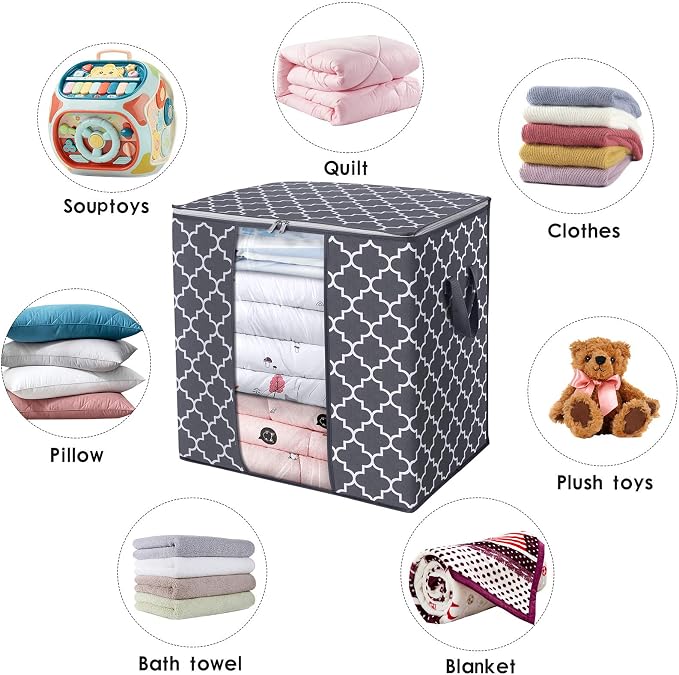 WISELIFE Storage Bags 3 Pack/100L Large Blanket Clothes Organization and Storage Containers for Comforters,Bedding, Foldable Organizer with Reinforced Handle, Clear Window, Sturdy Zippers,Gray