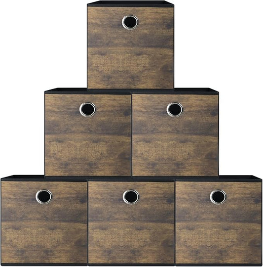 6 Pack Durable Storage Cube Bin with Decorative Wood Grain,Thickened Fabric Box,Storage Basket for Shelf,Closet,Storeroom,Bedroom,Living Room,Nursery,Office,Dorm,RV,10.2x10.2x11in,Brown & Black(Small)