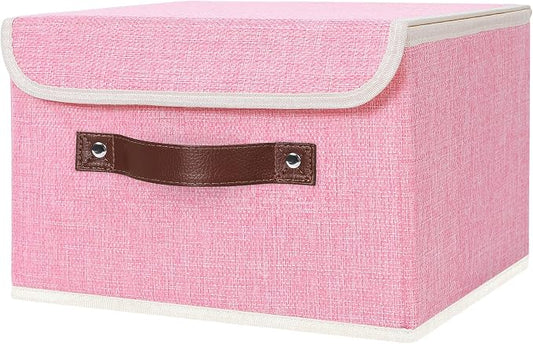 ANMINY Storage Bin with Lid Storage Boxes with PU Leather Handles PP Plastic Board Decorative Foldable Lidded Cotton Linen Fabric Home Cubes Baskets Closet Organizer Container - Pink, Small Size