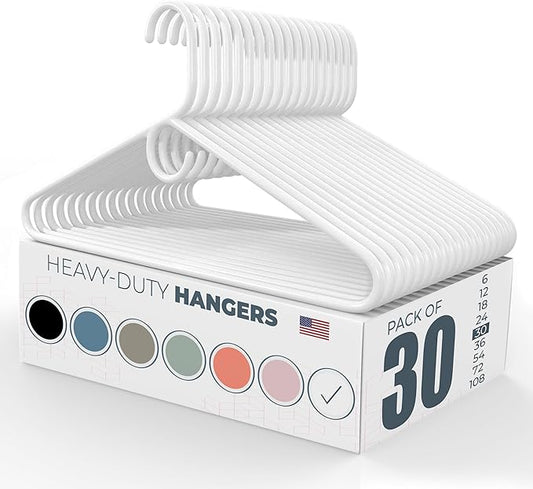 Heavy Duty Clothes Hangers 30 Pack – Made in the USA – 8lb Capacity Plastic Hangers for Adult Clothing – Durable for Pants, Coats, Jackets, or Jeans – White