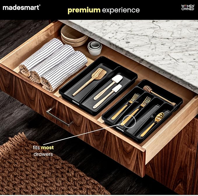 madesmart Small Silverware Tray, Compact 5 Compartment Flatware Organizer for Forks, Knives & Spoons, Non Slip, Soft Grip Lining, Fits Small Drawers, Carbon