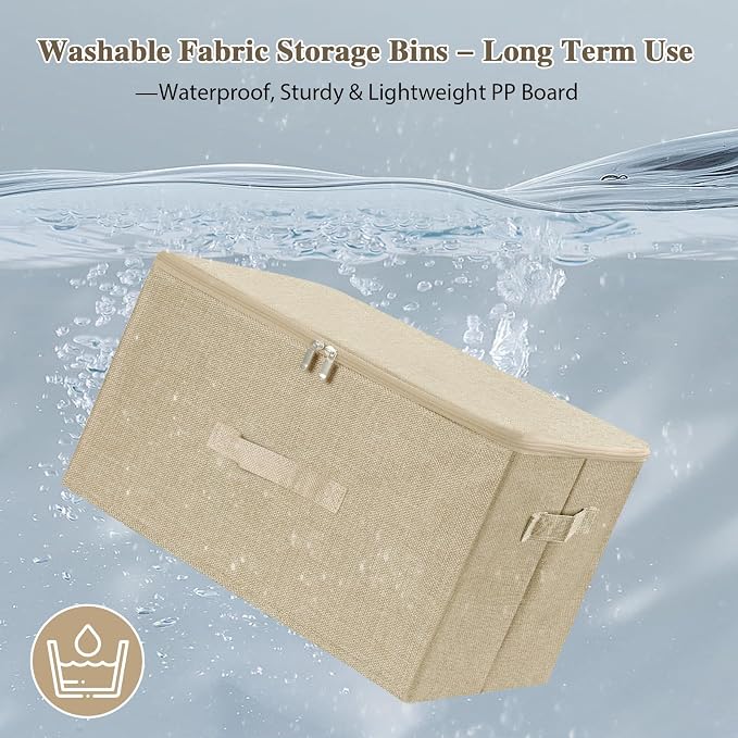 ANMINY 2PCS Storage Bins with Zipper Lids 36 Qt Lidded Fabric Storage Boxes Baskets Cubes with Handles Collapsible Washable Cotton Linen Closet Shelf Clothes Organizer Containers - Beige, Large