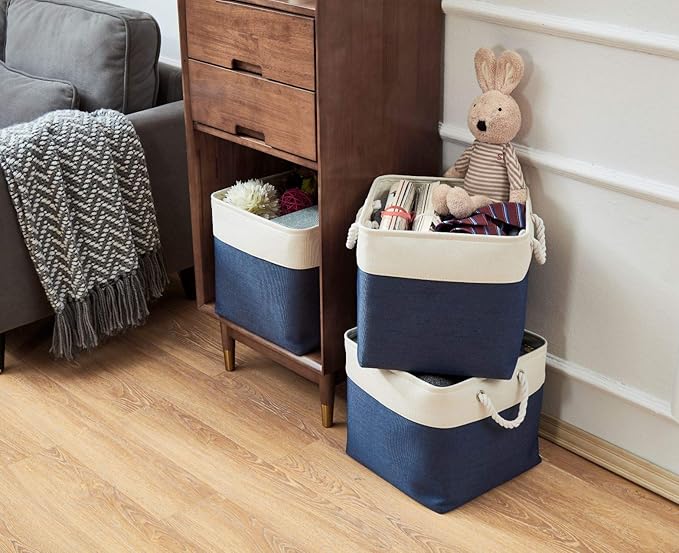 DECOMOMO Cube Storage Bin 13x13, Fabric Storage Bins, Kallax Storage Cubes (Navy Blue & White, 3 Pack)