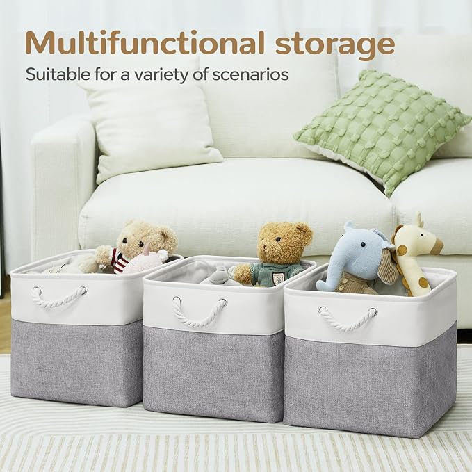 13 x 13 Inch Cube Storage Bins, 6 Pack Fabric Storage Basket with Handles, Foldable Boxes Organizer for Shelf Baskets for Home, Clothes (White/Grey)