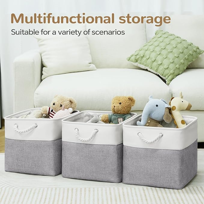 12 x 12 Inch Cube Storage Bins, 4 Pack Fabric Storage Basket with Handles, Foldable Boxes Organizer for Shelf Baskets for Home, Clothes (White/Grey)