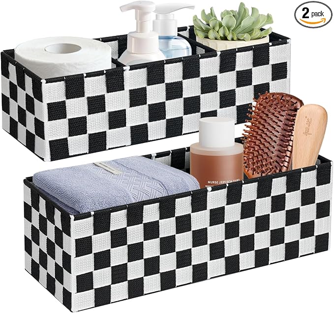 Woven Storage Baskets Bins Container, 16” Checker Pattern Ribbon Metal Wire Desk Organizer, Drawer Dresser Baskets, Countertop Toilet Paper Storage Containers (Black & White),2-Pack