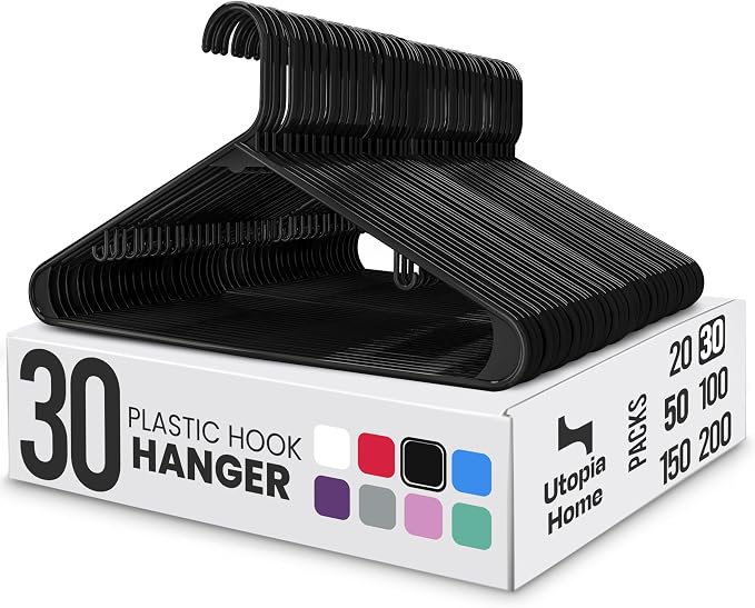 Utopia Home Plastic Hangers 30 Pack – Built-in Strap Hooks Black | Space saving | Durable & strong | Closet organizer | Clothes hangers | Ideal for shirts, pants, skirts & coats