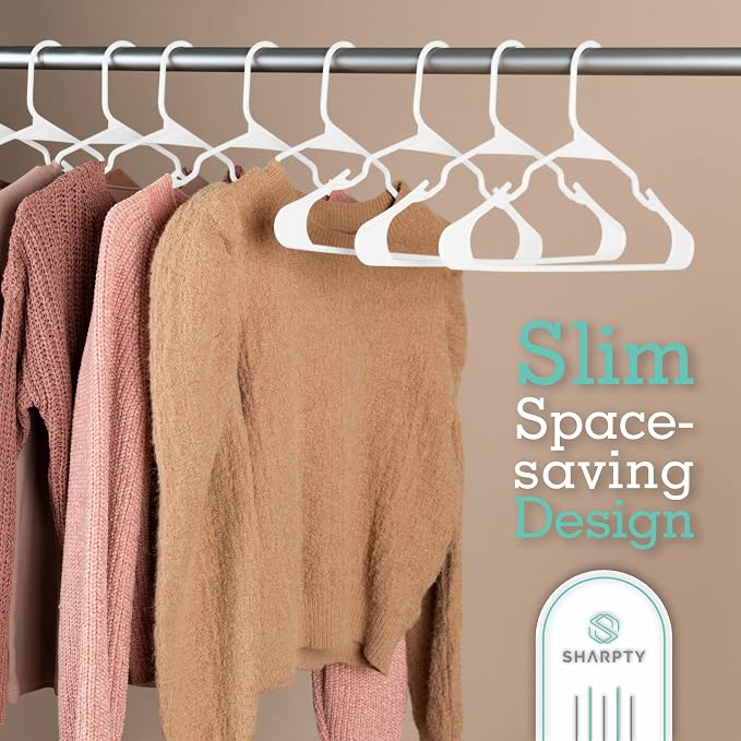 Sharpty Plastic Clothes Hangers – Notched Hangers for Clothes – Space Saving Adult Hangers for Shirts, Dresses, Coats & Pants – Lightweight Closet Organization (35 Pack, White)