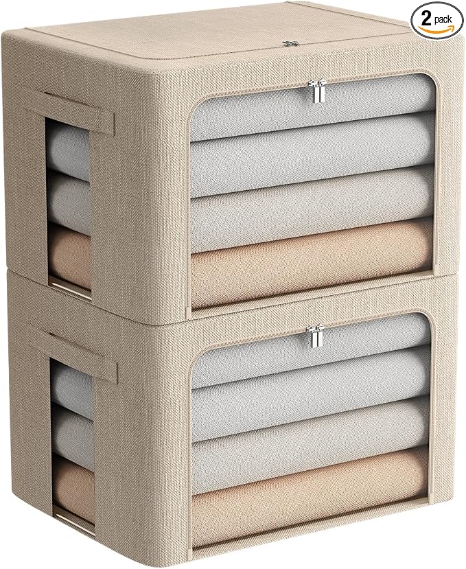 FHSQX 2 Pack Clothes Storage Bins with Metal Frame, Beige, 15.7x11.8x11.7 Inch