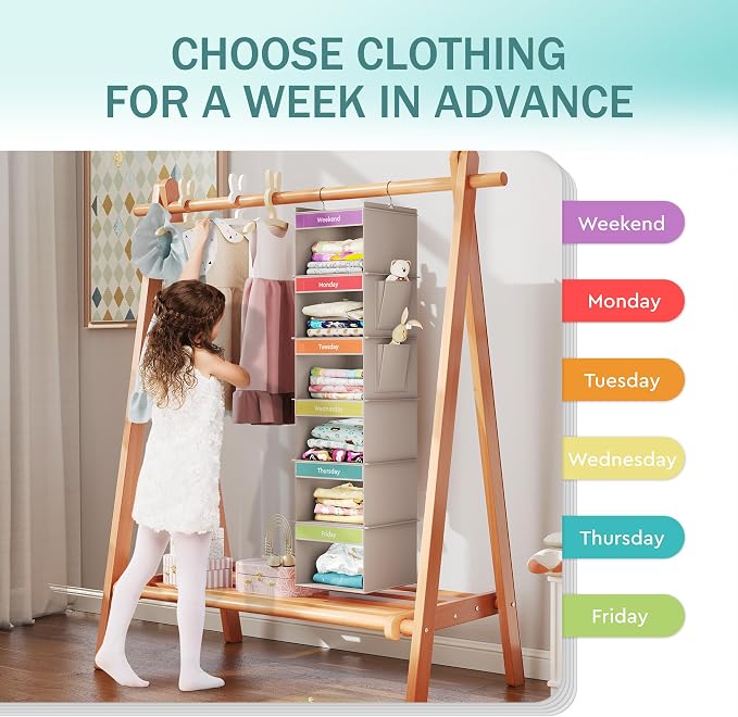 YOUDENOVA 6-Shelf Weekly Hanging Closet Organizer, Weekly Clothes Organizers for Kids with 2 Side Pockets, Light Grey