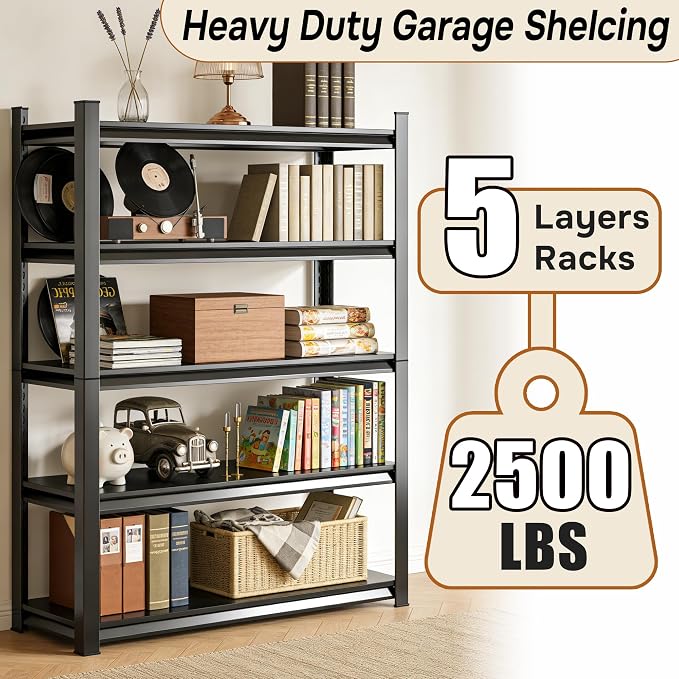 Large Capacity 5-Shelf Bookcase - Industrial Metal Bookshelf Tall & Adjustable, Ideal for Library/Office/Living Room, Black