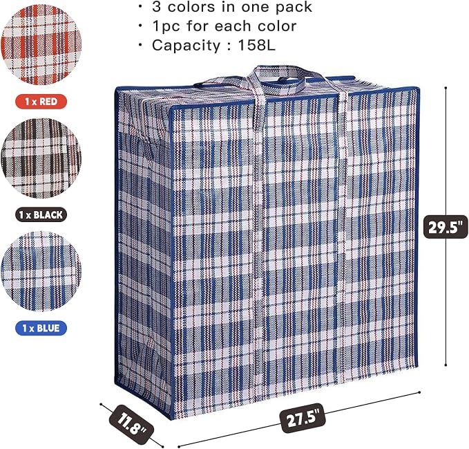 3 Pack 158L Extra Large Moving Bags with Zippers & Carrying Handles, Heavy-Duty Tote Storage Bags Closet Organizers Laundry Bag, Plaid Bag for Traveling, 27.5" x 11.8" x 29.5", Red/Black/Blue