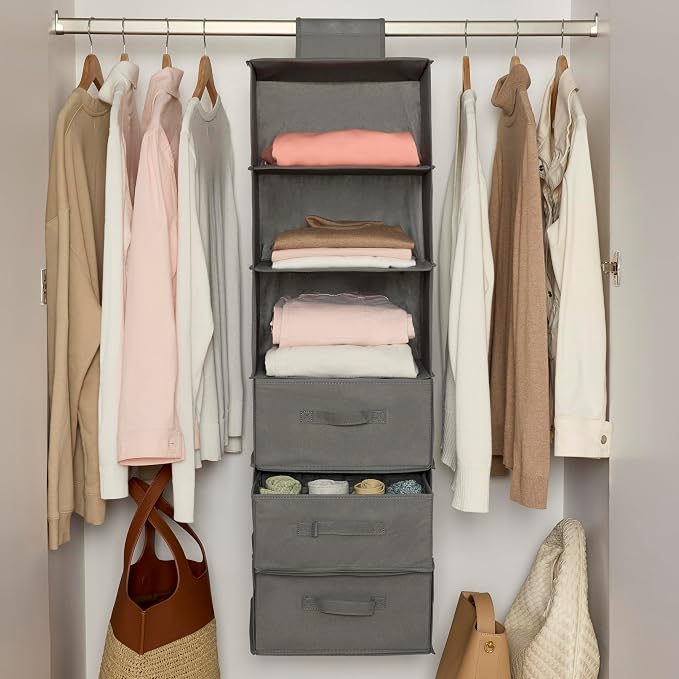 Amazon Basics 6-Tier Hanging Closet Organizer with Removable Drawers for Sweaters, 6.9"D x 13.6"W x 12.2"H, Grey