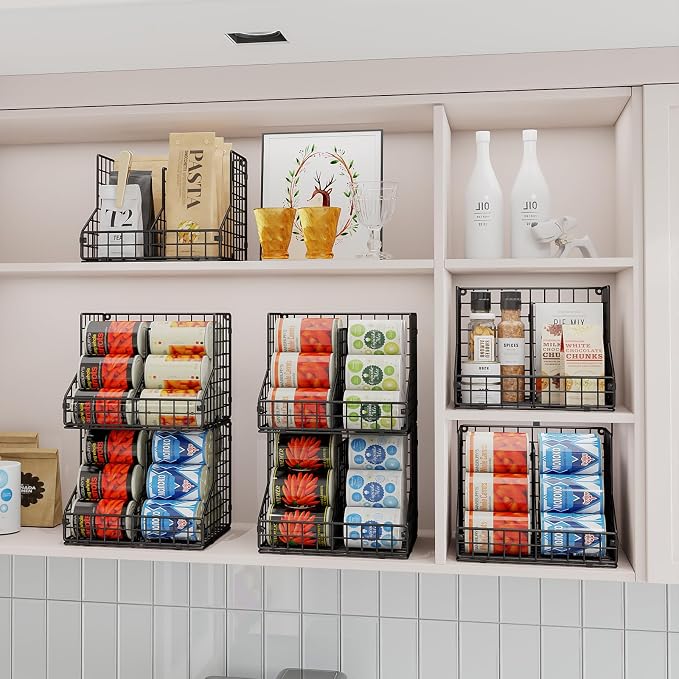 JKsmart 6 Pack Stackable Can Organizer for Pantry with Adjustable Dividers, Soda Can Organizer, Can Storage Dispenser Holds up to 84 Cans, Metal Wire Baskets Can Holder for Kitchen Cabinet Pantry