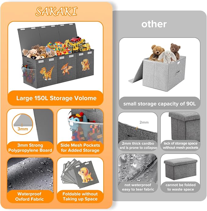 Extra Large Toy Box Chest, Collapsible Sturdy Toy Storage Organizer Boxes Bins Baskets Dinosaur Kids Toy Chest Bin with Lids for Boys Girls Living Room Playroom Bedroom Nursery 41"x14"x16" Gray