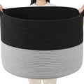 Foldable Laundry Hamper Basket with Collapsible Handle Cotton Rope Soft Woven Fabric Storage Organizer Clothes Toys Nursery Bedroom Dorm Space Saving Bin (Black & Grey, 65L(19.7"D x 12.6"H))