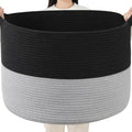 Foldable Laundry Hamper Basket with Collapsible Handle Cotton Rope Soft Woven Fabric Storage Organizer Clothes Toys Nursery Bedroom Dorm Space Saving Bin (Black & Grey, 80L(21.7"D x 13.8"H))